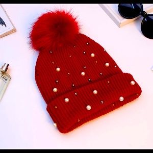 Pretty Rhinestone Pearl knitted hats fur pom pom beanie soft warm winter hat